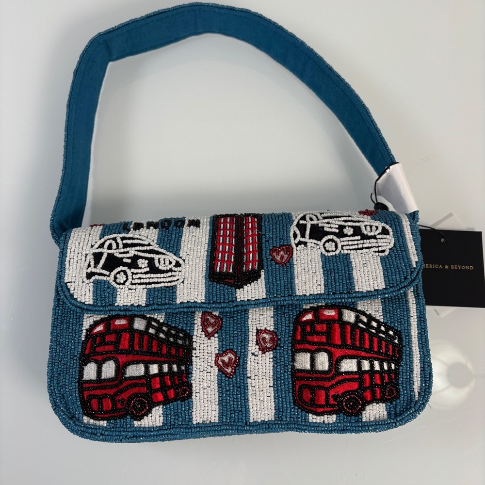America & Beyond Womens OS Blue Beaded London Bus Baguette Bag NEW Hand Beaded‎